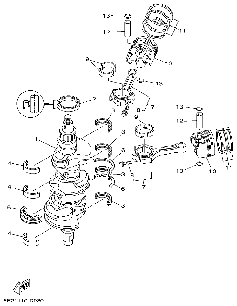 Yamaha F225BET, FL225BET CRANKSHAFT & PISTON parts diagram